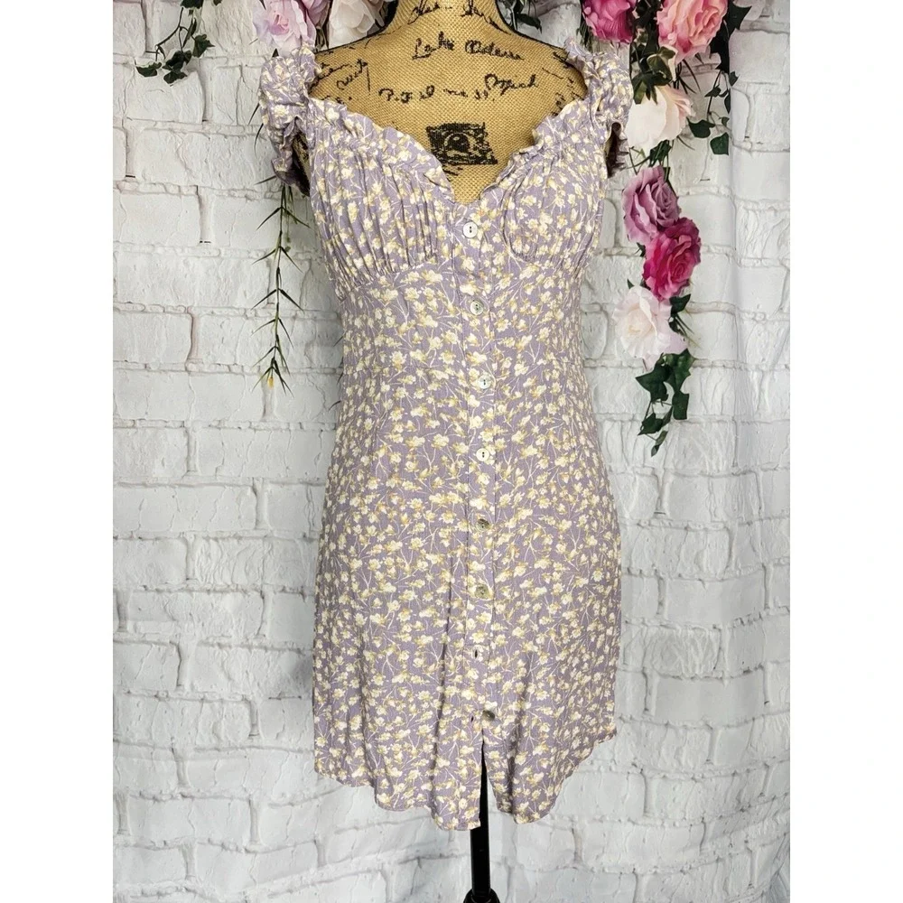 Bello Mae Cottagecore Milkmaid Dress Purple Floral Rayon Prairie Size L - Picture 4 of 12